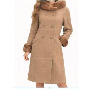 Vintage David Crystal Wool Coat Womens L Camel Fur Trim Double Breasted Luxe